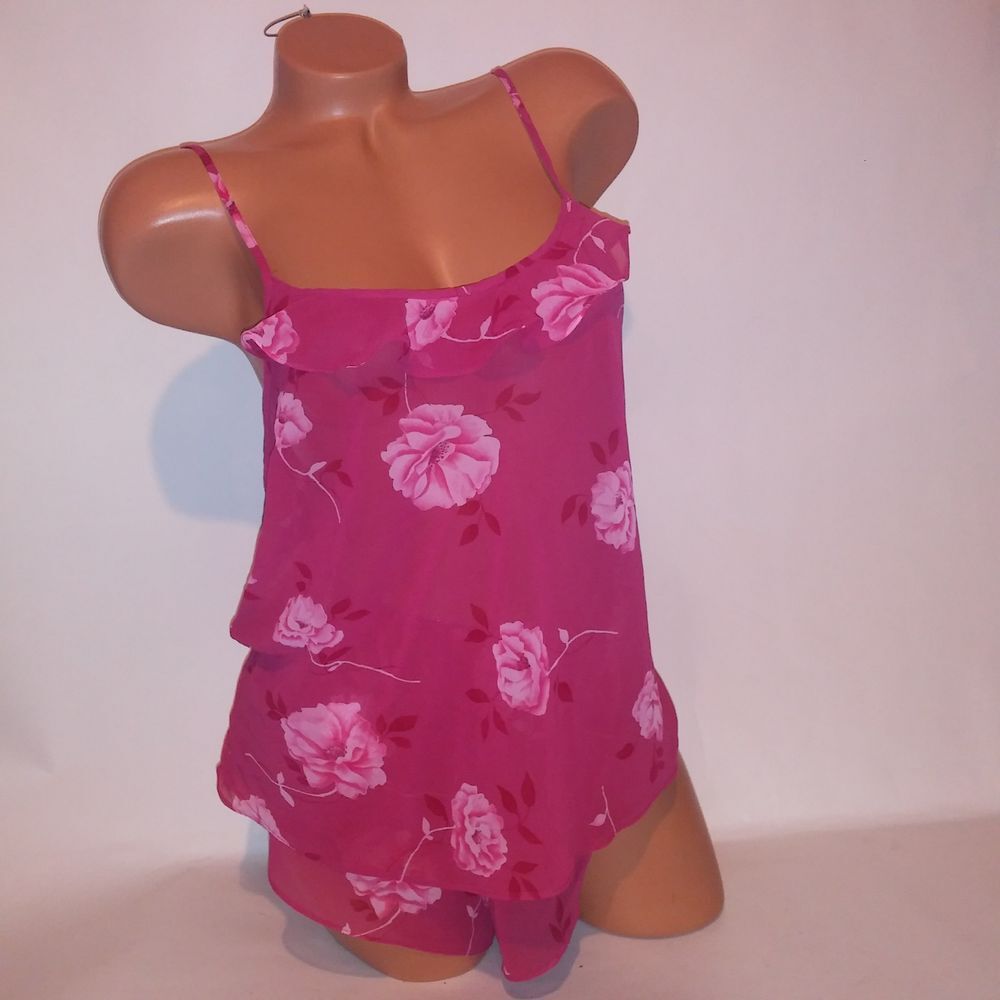 Jacalyns Studio Camisole Set Tank Top & Shorts Medium Pink Floral Sheer Sleepwea